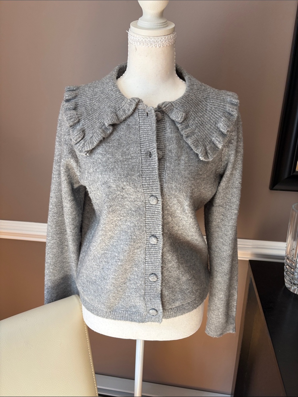 Marled Gray Ruffle-Collar Button Cardigan
